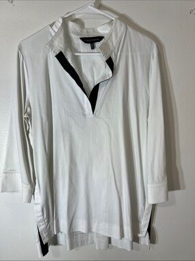 Ming Wang White Long-Sleeve Button Down Shirt with Black Trim